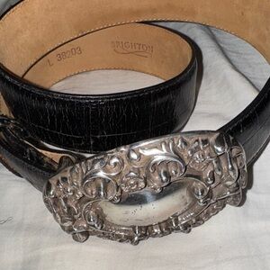 Vintage Brighton Black Leather Belt with Ornate Silver Buckle lg
